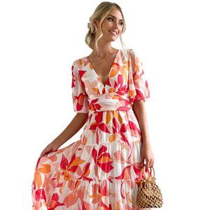 Red Short Puff Sleeve Floral Tiered Maxi Dress
